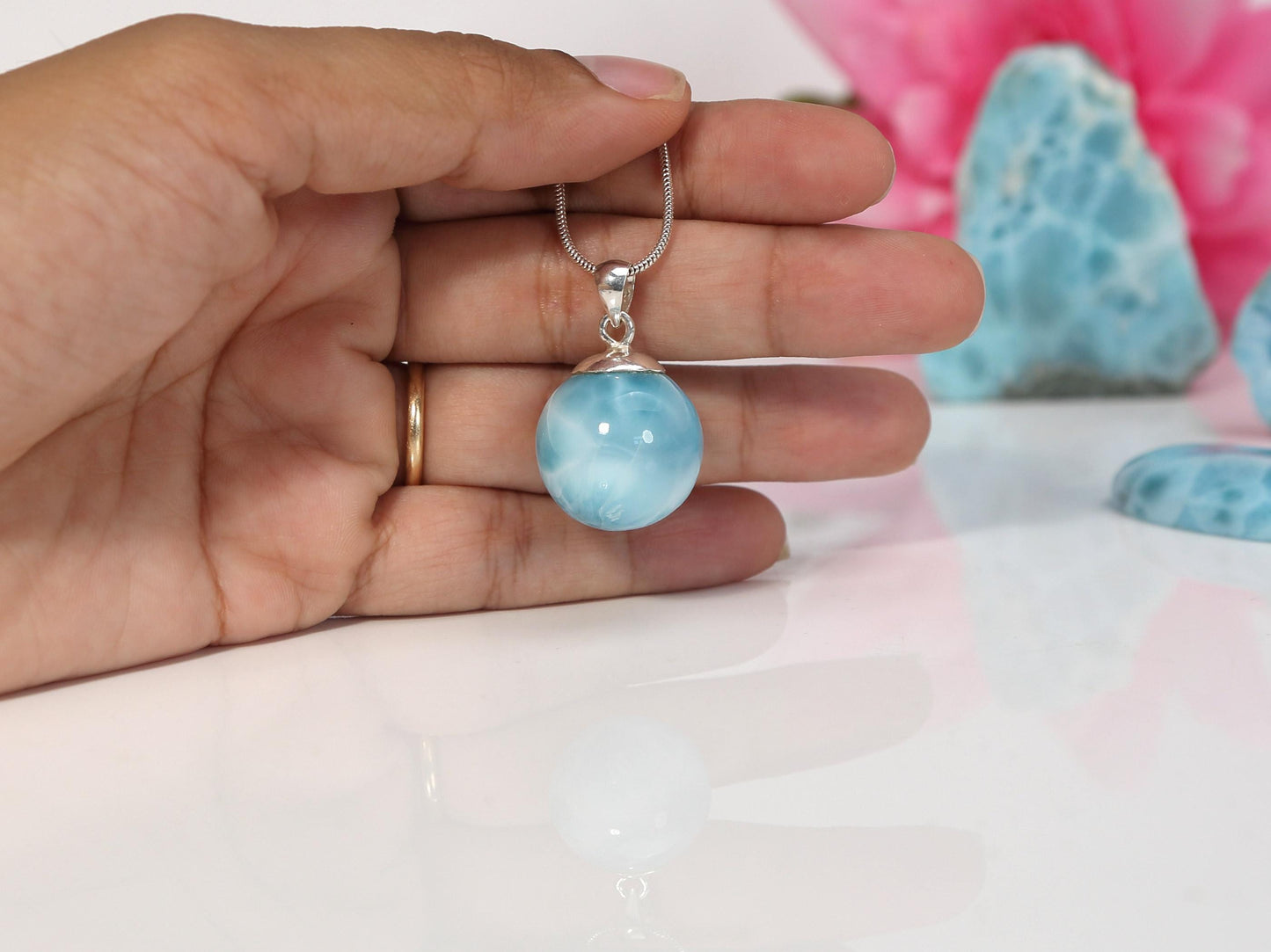 OCEAN BLUE Larimar Sphere Pendant Necklace, Top Grade Larimar Ball Pendant, AAA super Blue Larimar jewelry, Christmas gift
