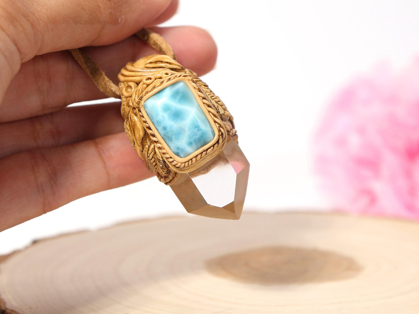 Larimar Quartz Point Pendant: Polymer Clay Talisman Necklace, Christmas gift