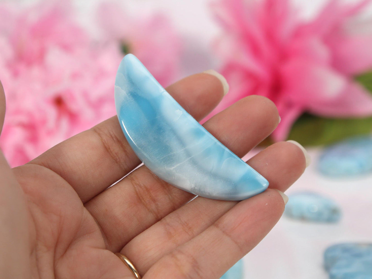 OCEAN BLUE Larimar Half-Moon, Top-grade Larimar Moon, Larimar Palm Stone, Super Blue Larimar, Christmas gift