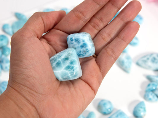 Two Ocean Blue Larimar Stone Tumbles: Turtleback Pattern Gemstone Set, Christmas gift