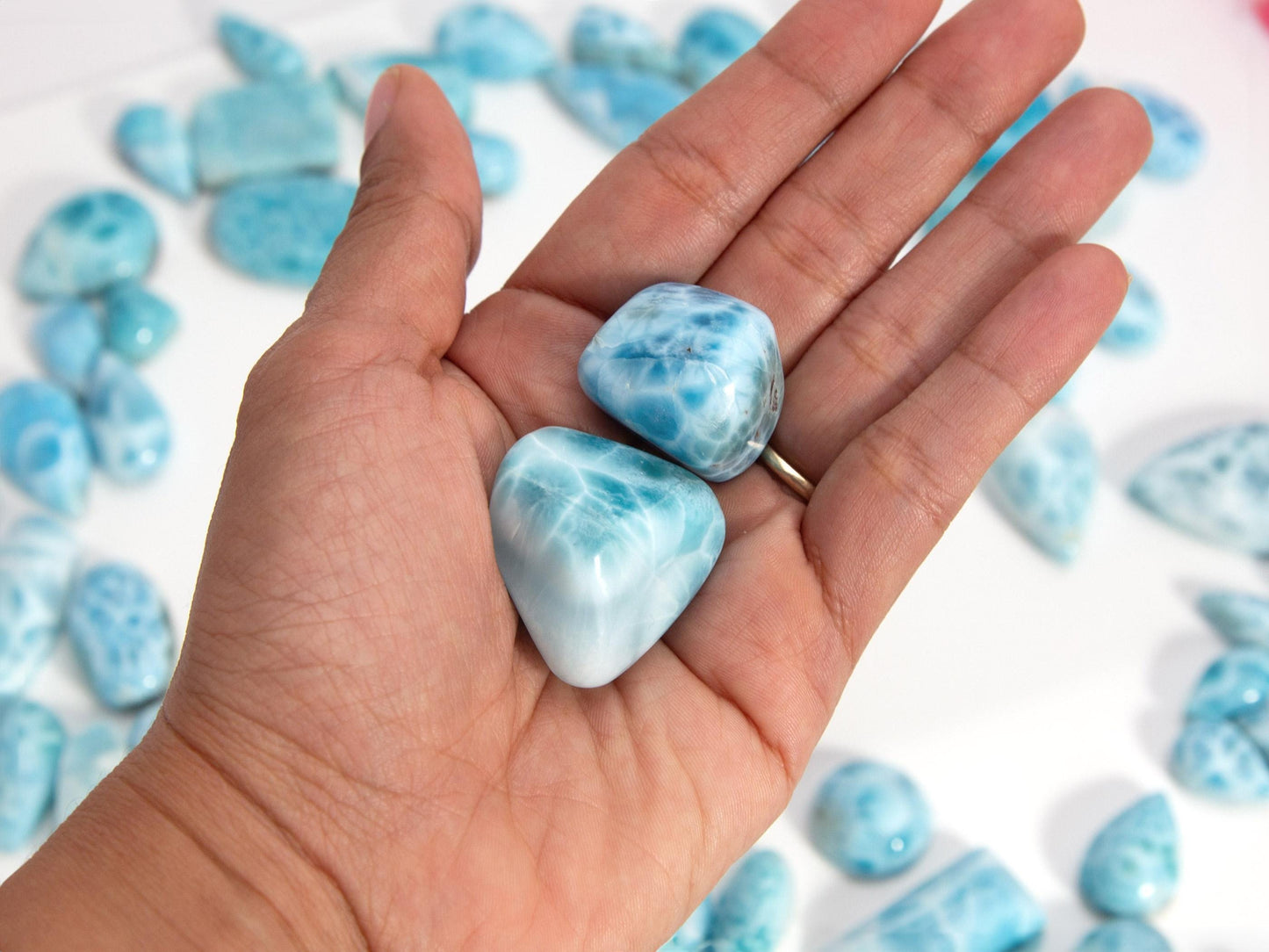 Two Ocean Blue Larimar Stone Tumbles: Turtleback Pattern Gemstone Set, Christmas gift