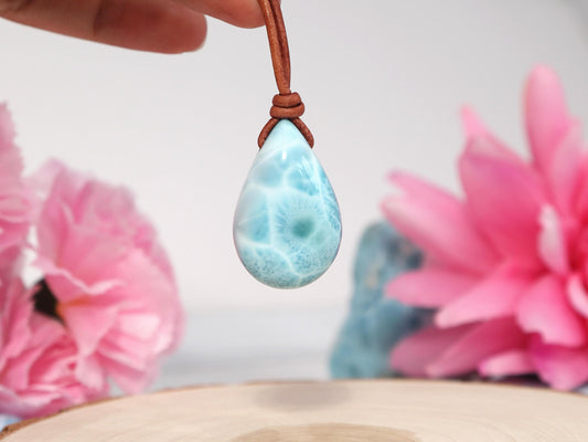 Rustic Leather Larimar Stone Pendant, Drilled Larimar, Boho Larimar Pendant Necklace with Leather Cord, Christmas gift