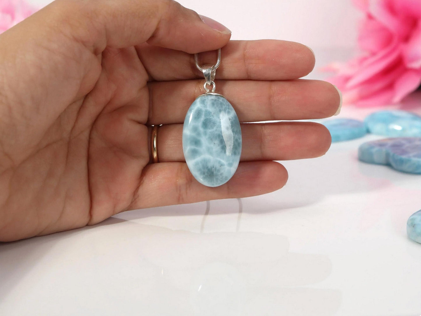 Ocean Blue  Larimar Pendant Necklace: Oval Sterling Silver, Christmas gift