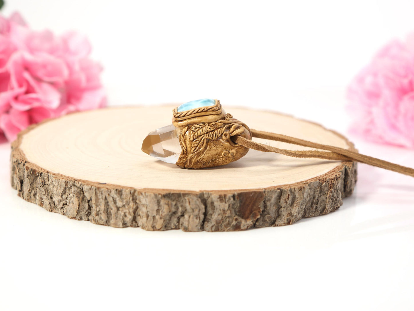 Larimar Quartz Point Pendant: Polymer Clay Talisman Necklace, Christmas gift