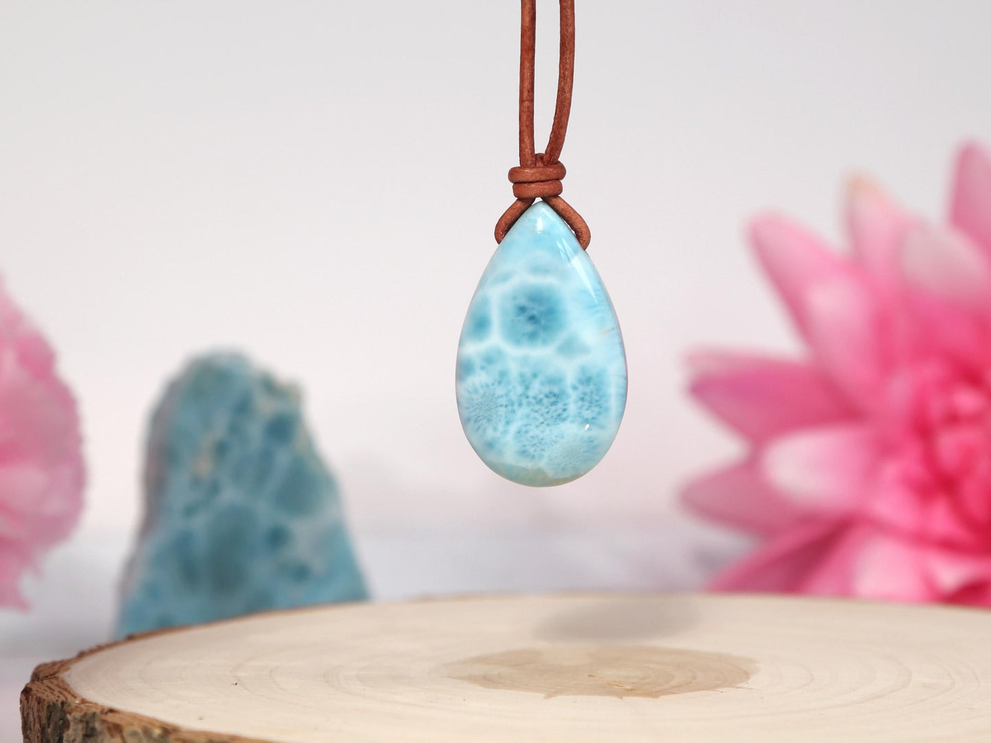 Leather Larimar Stone Pendant, Drilled Larimar, Boho Larimar Pendant Necklace with Leather Cord, Christmas gift