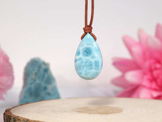Leather Larimar Stone Pendant, Drilled Larimar, Boho Larimar Pendant Necklace with Leather Cord, Christmas gift