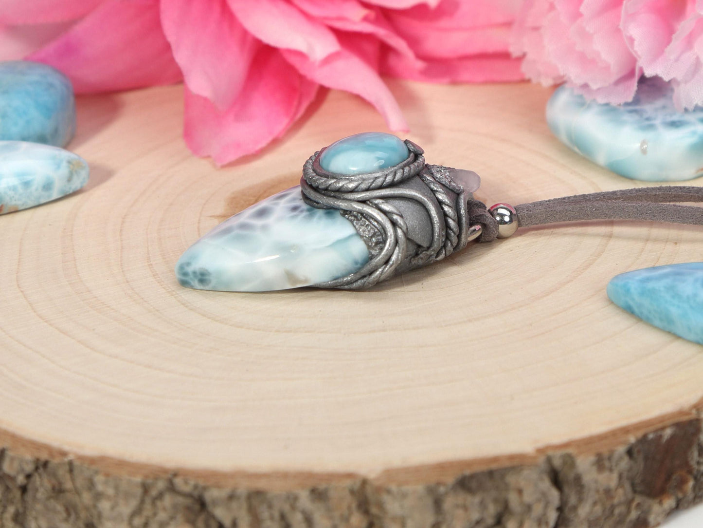 Double Larimar Stone Pendant, Polymer Clay, Crystal Talisman Pendant Necklace, Ocean Blue Larimar, Christmas gift