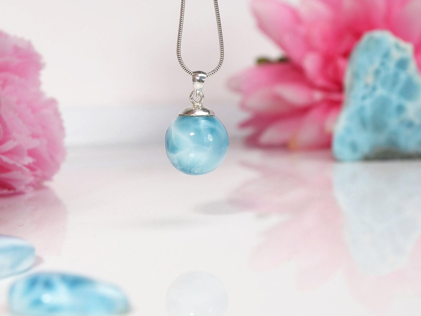 OCEAN BLUE Larimar Sphere Pendant Necklace, Top Grade Larimar Ball Pendant, AAA super Blue Larimar jewelry, Christmas gift