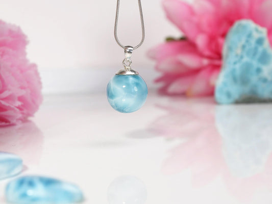 OCEAN BLUE Larimar Sphere Pendant Necklace, Top Grade Larimar Ball Pendant, AAA super Blue Larimar jewelry, Christmas gift