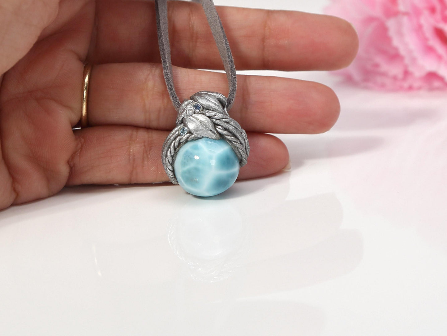 Larimar Sphere Pendant Necklace, Polymer Clay Crystal Necklace, AAA Top grade Larimar, Christmas gift