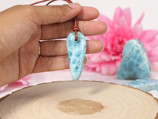 Leather Larimar Stone Pendant, Drilled Larimar, Boho Larimar Pendant Necklace with Leather Cord, Teardrop Larimar, Christmas gift