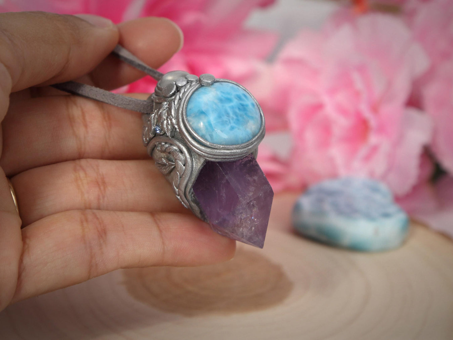 Larimar and  Amethyst Pendant, Polymer Clay Crystal Pendant Talisman Necklace, Amethyst Point, Christmas gift