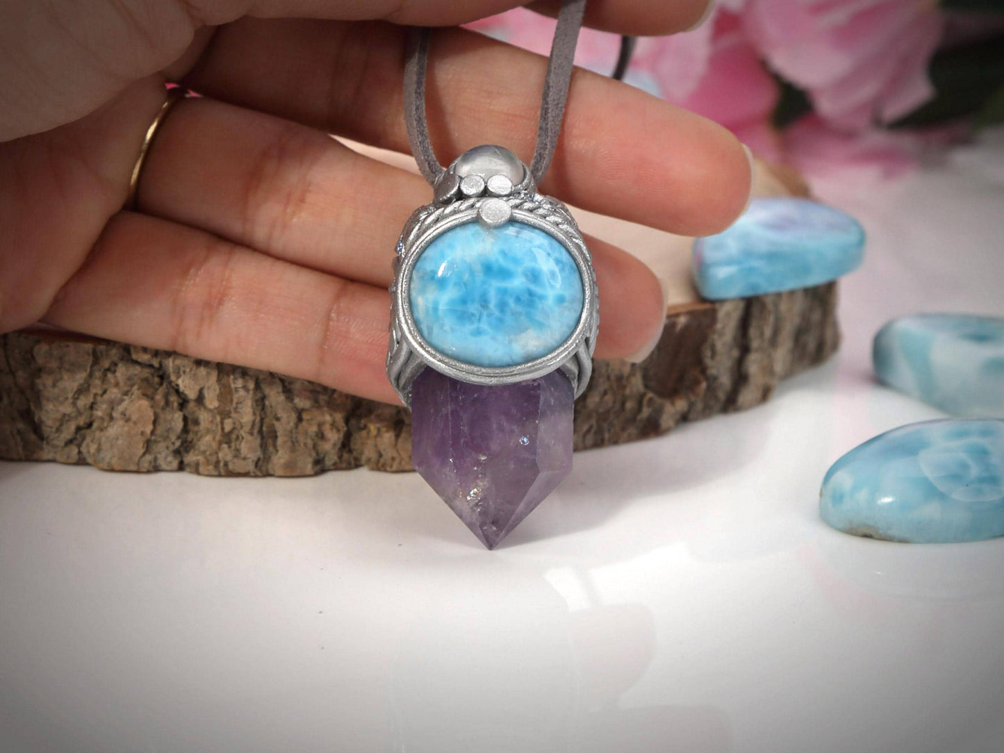 Larimar and  Amethyst Pendant, Polymer Clay Crystal Pendant Talisman Necklace, Amethyst Point, Christmas gift