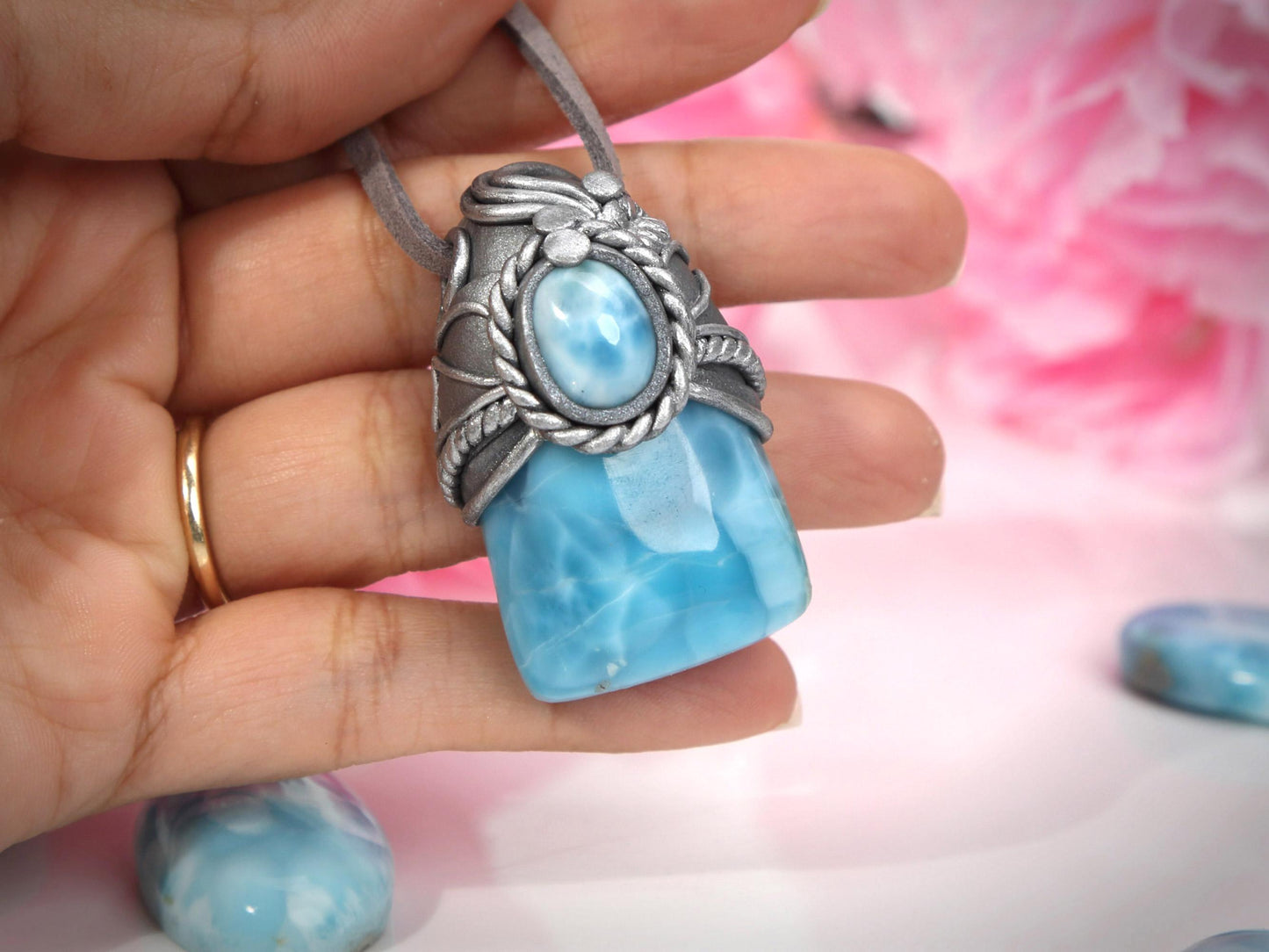 Double Larimar Stone Pendant, Polymer Clay, Crystal Talisman Pendant Necklace, Ocean Blue Larimar, Christmas gift
