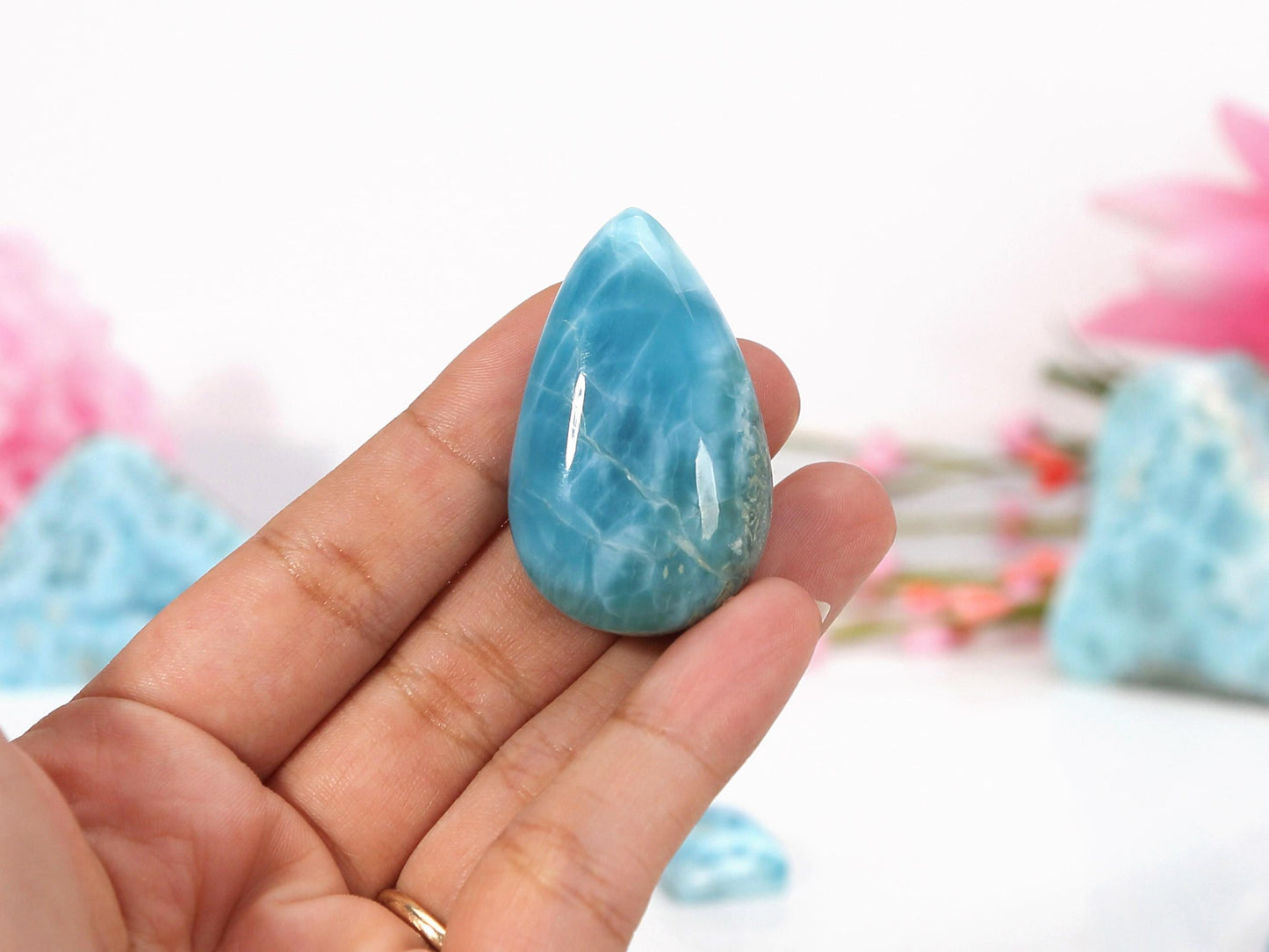 DEEPEST BLUE Larimar Stone, Teardrop Larimar Cabochon, Dark Super Blue Larimar Palm Stone Specimen, Christmas gift
