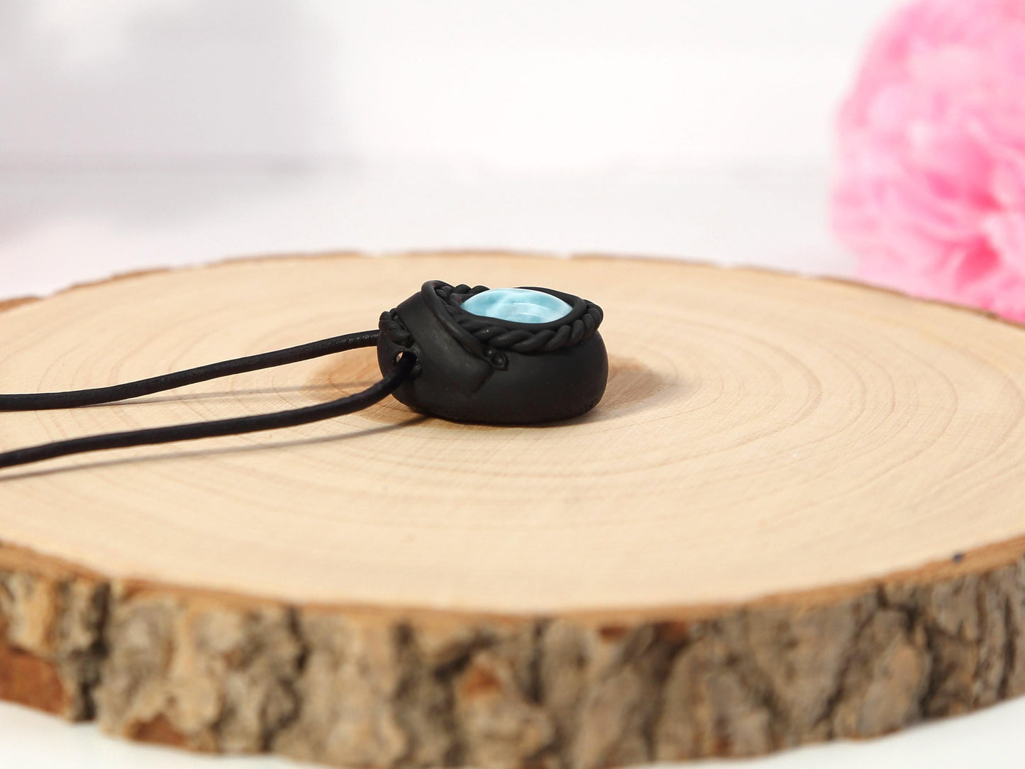 Larimar Stone Pendant: Handmade Polymer Clay Leather Necklace, Christmas gift