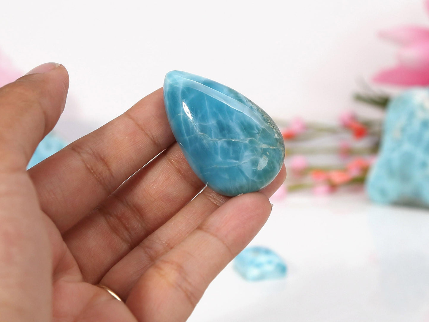 DEEPEST BLUE Larimar Stone, Teardrop Larimar Cabochon, Dark Super Blue Larimar Palm Stone Specimen, Christmas gift