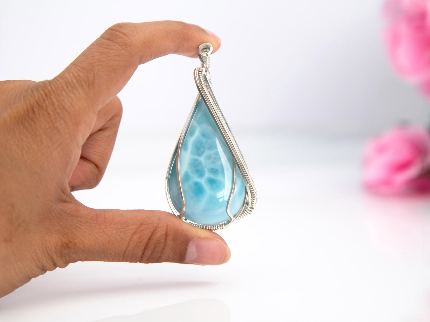 Larimar Statement Pendant, Silver wire wrapped  Larimar necklace, Top grade Larimar, AAA Larimar, Christmas gift
