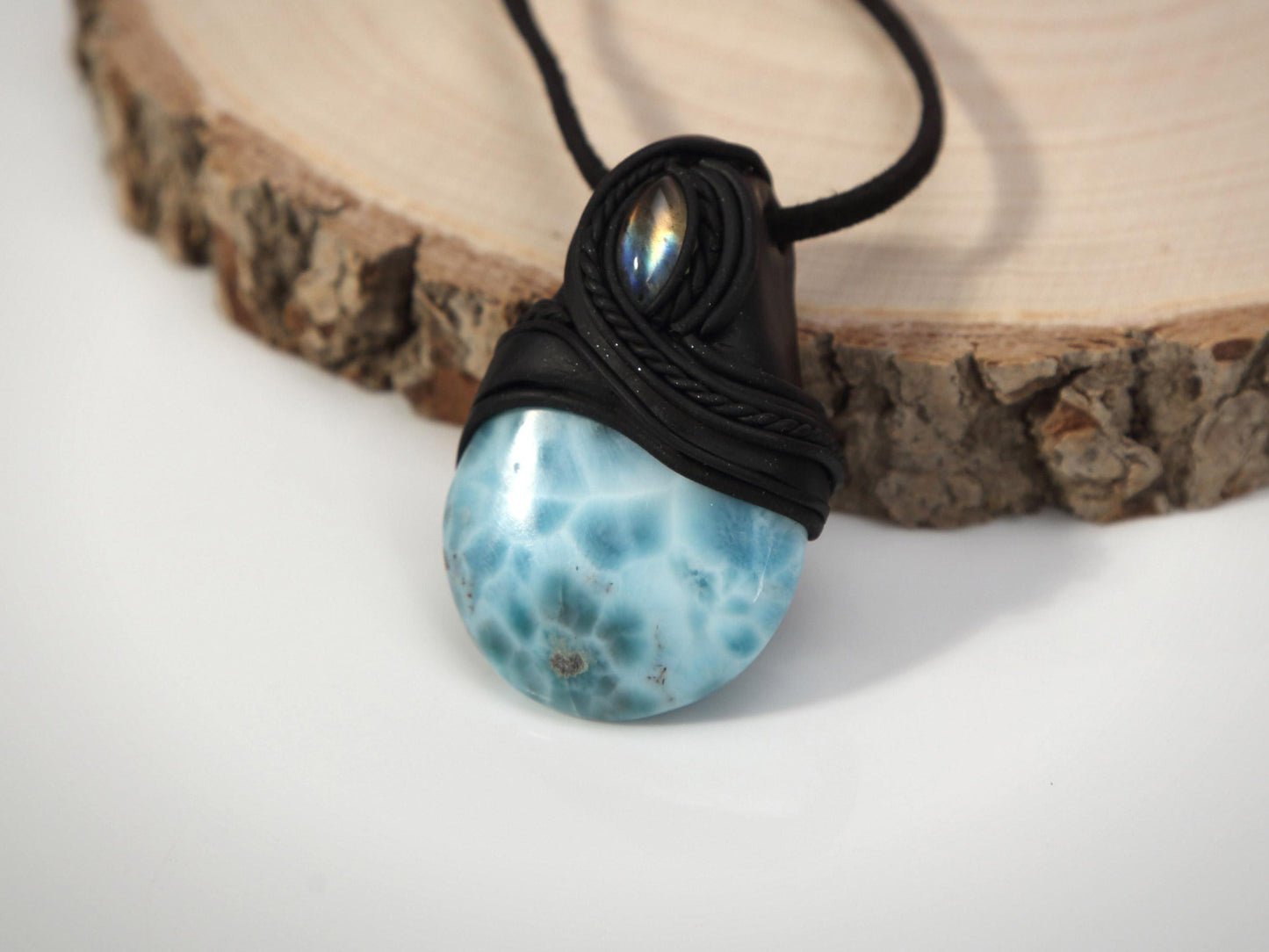 Larimar Stone and Labradorite Pendant Polymer Clay, Crystal Talisman Pendant Necklace, Ocean Blue Larimar, Christmas gift