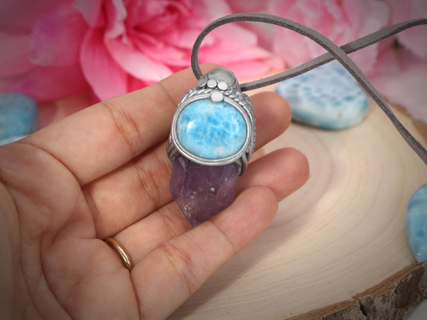 Larimar and  Amethyst Pendant, Polymer Clay Crystal Pendant Talisman Necklace, Amethyst Point, Christmas gift