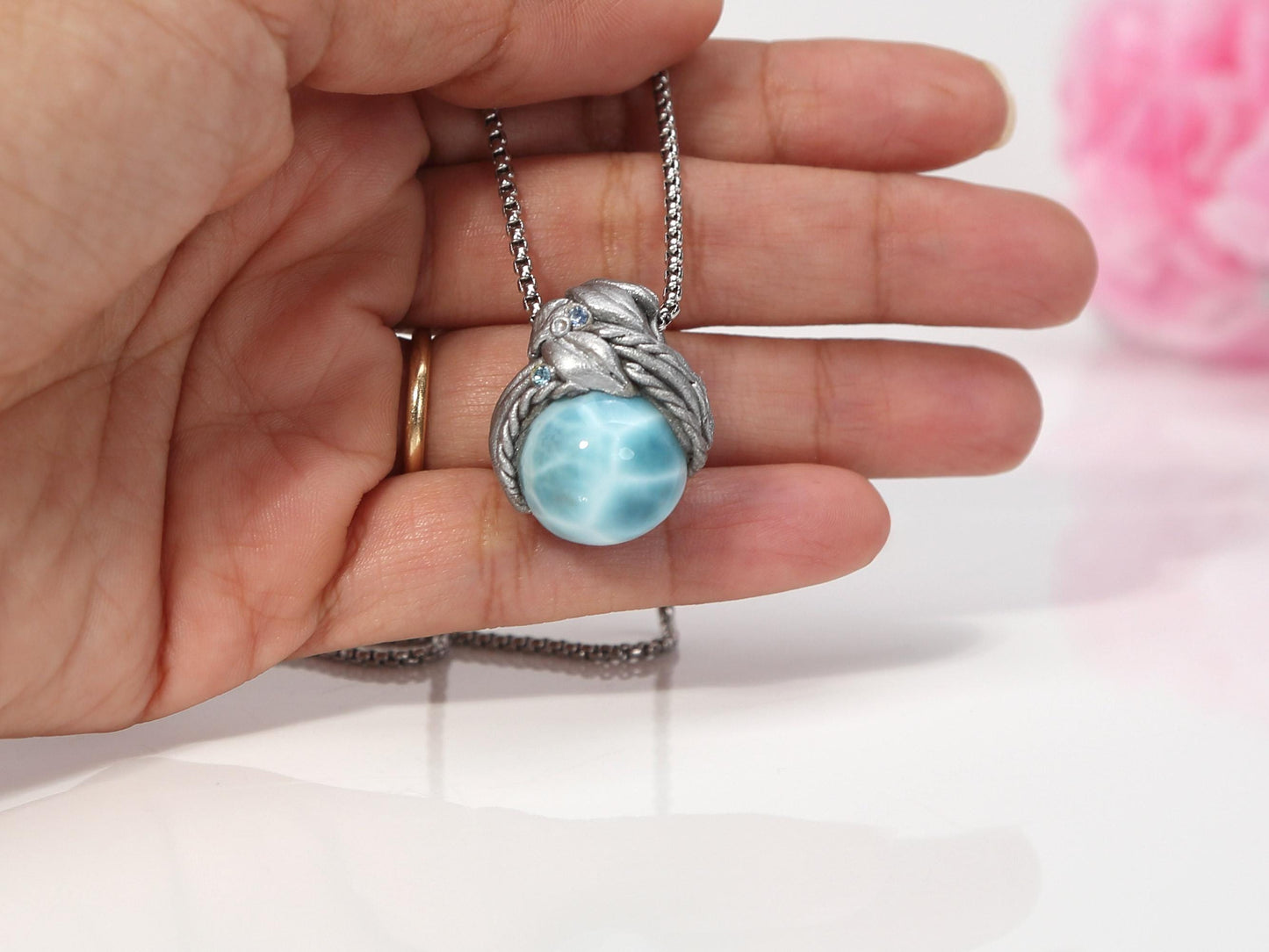 Larimar Sphere Pendant Necklace, Polymer Clay Crystal Necklace, AAA Top grade Larimar, Christmas gift