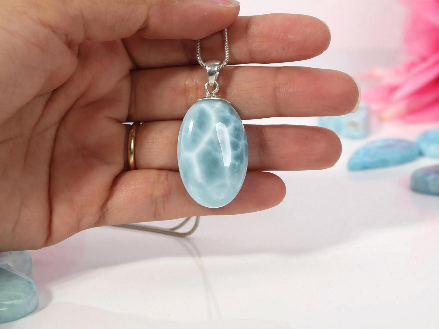 Ocean Blue  Larimar Pendant Necklace: Oval Sterling Silver, Christmas gift