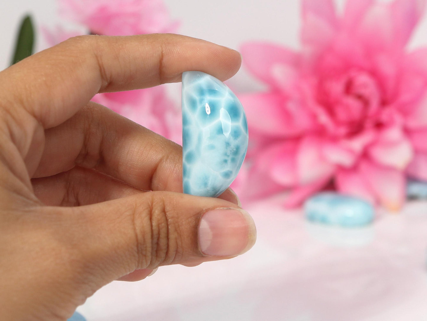 Demi-lune en larimar bleu océan, Lune en larimar AAA, Pierre de paume en larimar, Larimar bleu super, Cadeau de Noël