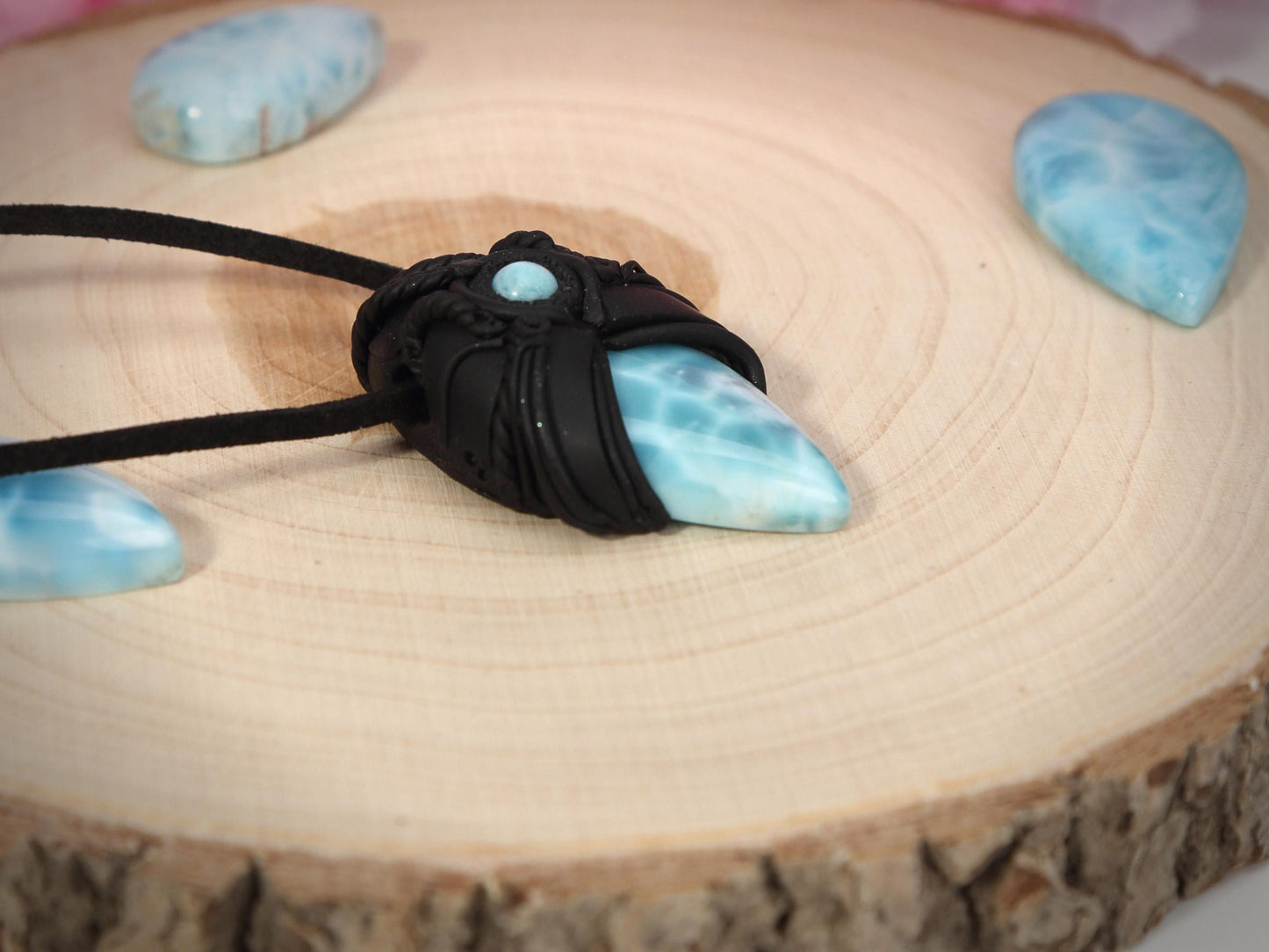 Double Larimar Stone Pendant, Polymer Clay, Crystal Talisman Pendant Necklace, Ocean Blue Larimar, Christmas gift