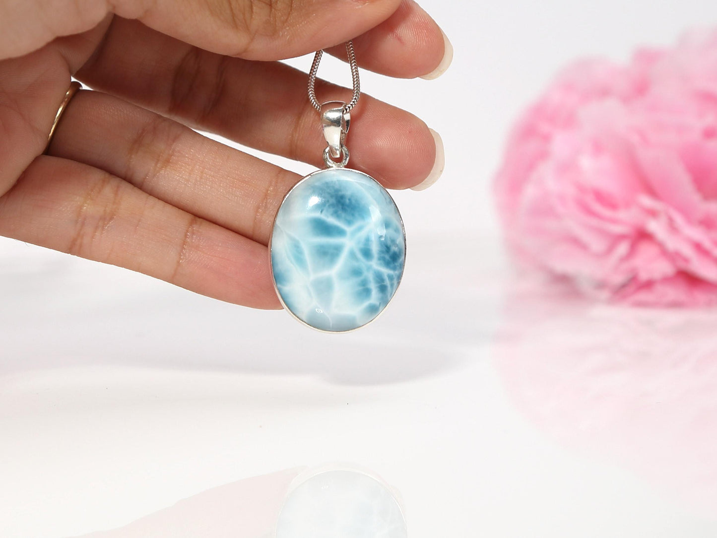 Ocean Blue Larimar Pendant: AAA Oval Sterling Silver Necklace, Christmas gift