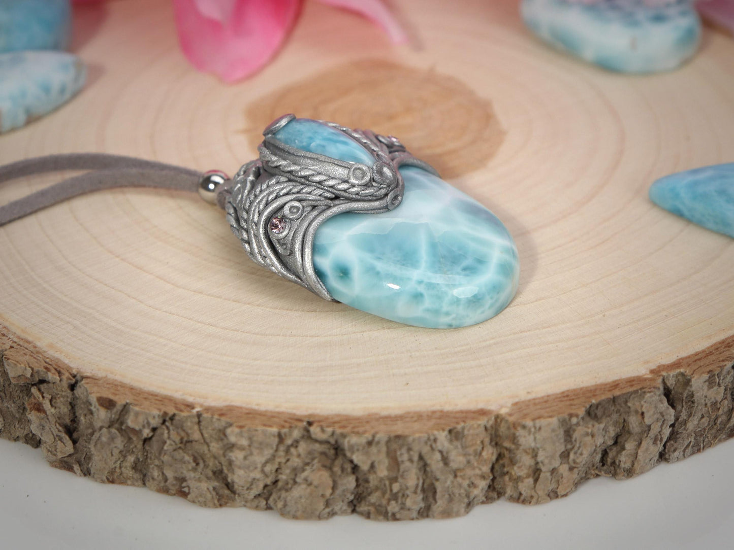 Big Double Larimar Stone Pendant, Polymer Clay, Crystal Talisman Pendant Necklace, Ocean Blue Larimar, Christmas gift
