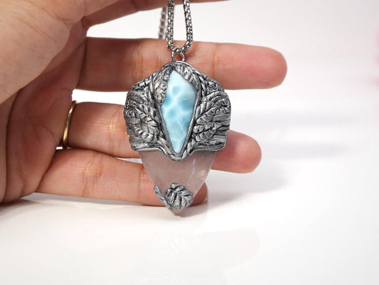 Larimar and Amethyst Pendant, Polymer Clay Crystal Talisman Pendant Necklace, Punk Crystal Necklace, Christmas gift