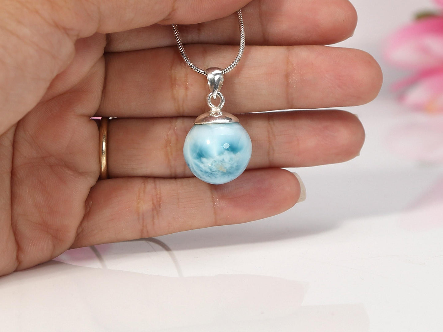 Ocean-Blue Larimar Sphere Pendant Necklace: AAA 925 Sterling Silver, Christmas gift