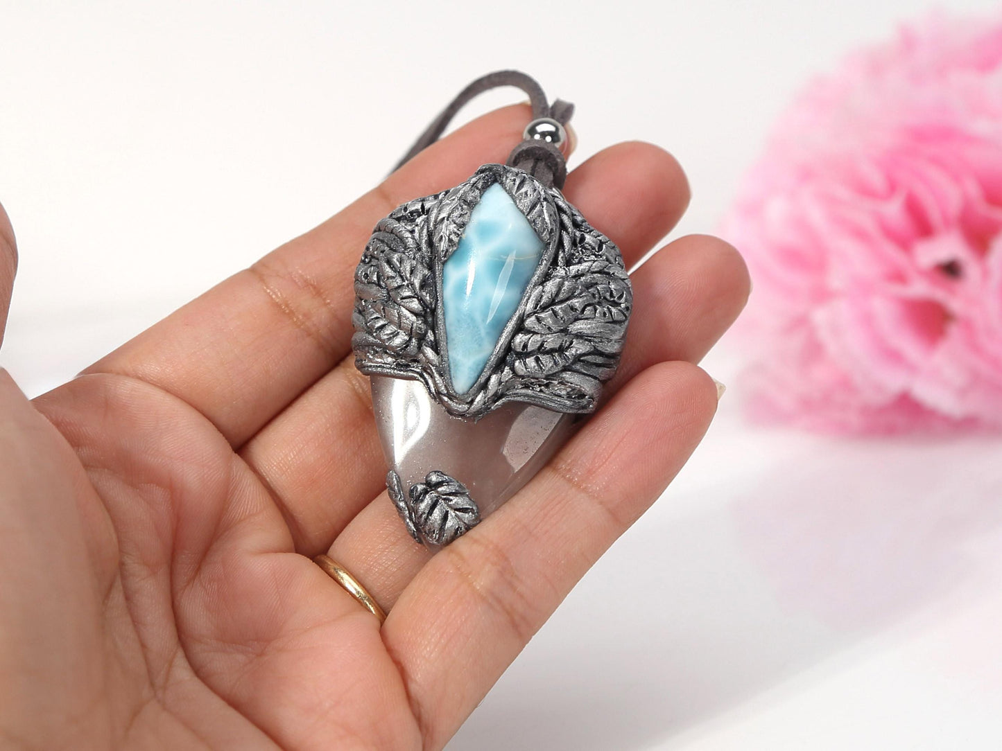 Pendentif en larimar et améthyste, collier talisman en pâte polymère et cristal, style punk, cadeau de Noël