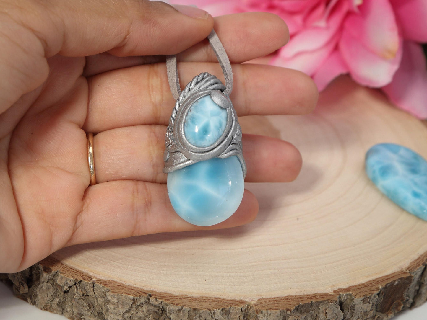 Double Larimar Stone Pendant, Polymer Clay, Crystal Talisman Pendant Necklace, Ocean Blue Larimar, Top grade Larimar, Christmas gift