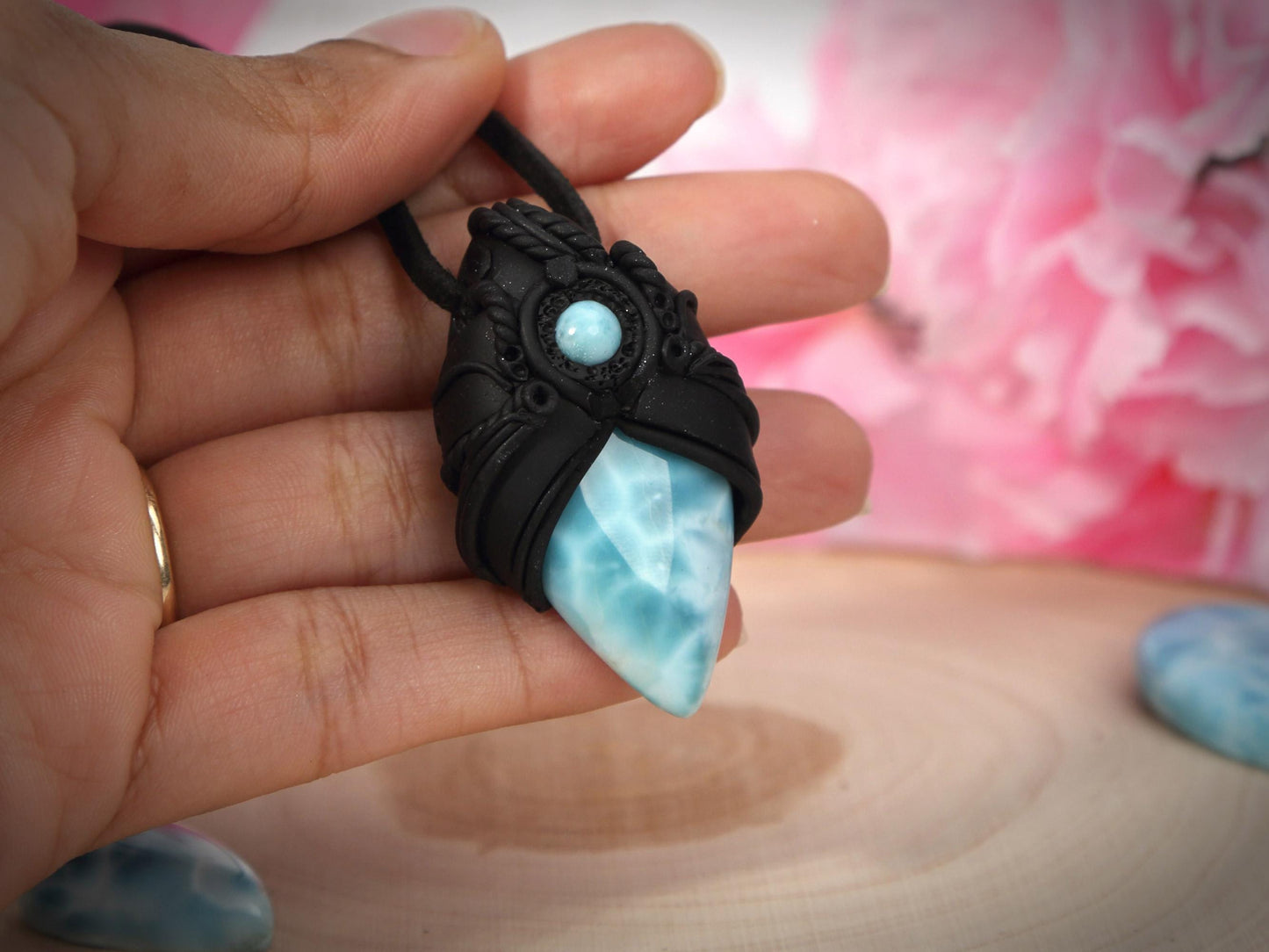 Double Larimar Stone Pendant, Polymer Clay, Crystal Talisman Pendant Necklace, Ocean Blue Larimar, Christmas gift