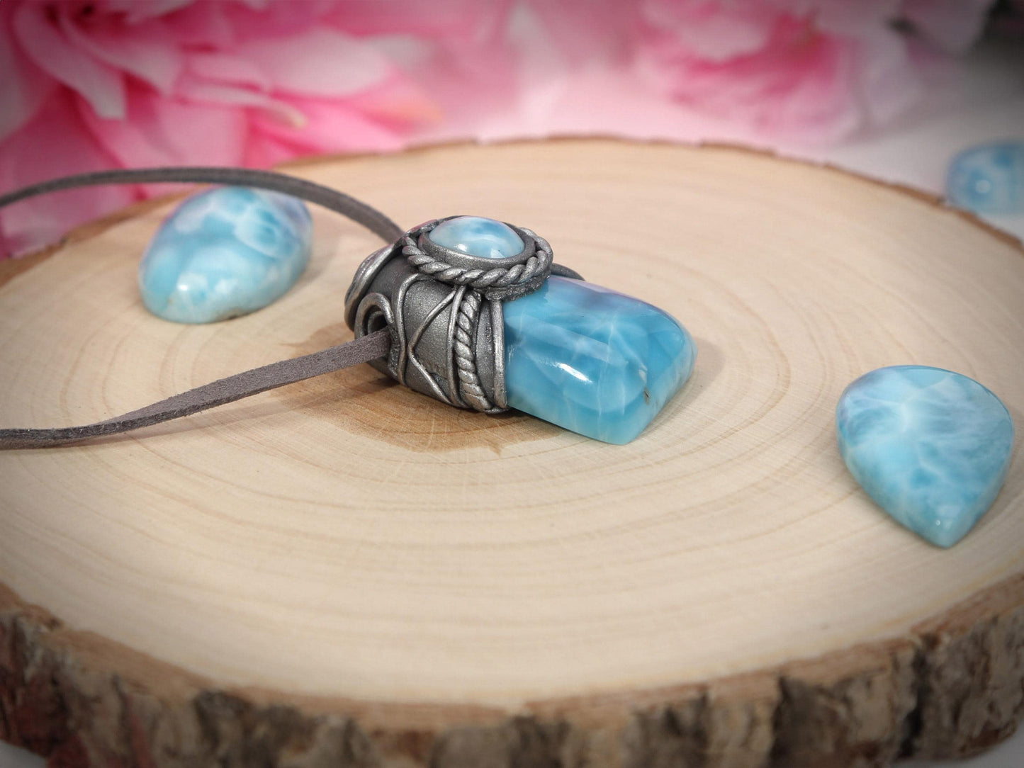 Double Larimar Stone Pendant, Polymer Clay, Crystal Talisman Pendant Necklace, Ocean Blue Larimar, Christmas gift