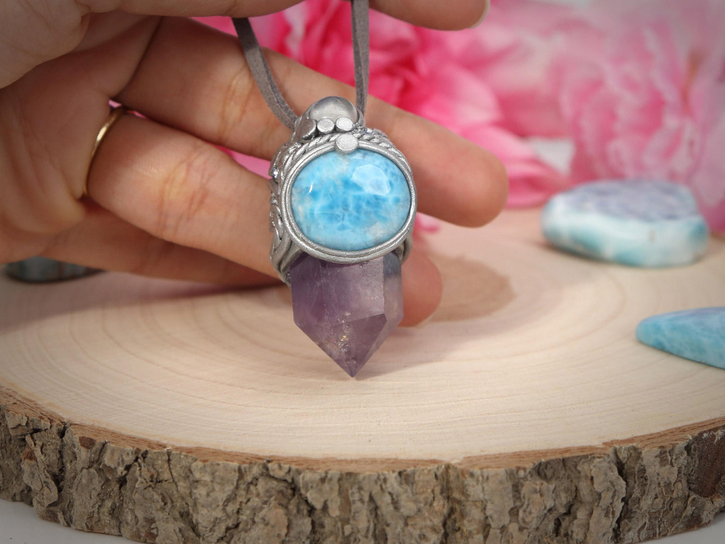 Larimar and  Amethyst Pendant, Polymer Clay Crystal Pendant Talisman Necklace, Amethyst Point, Christmas gift