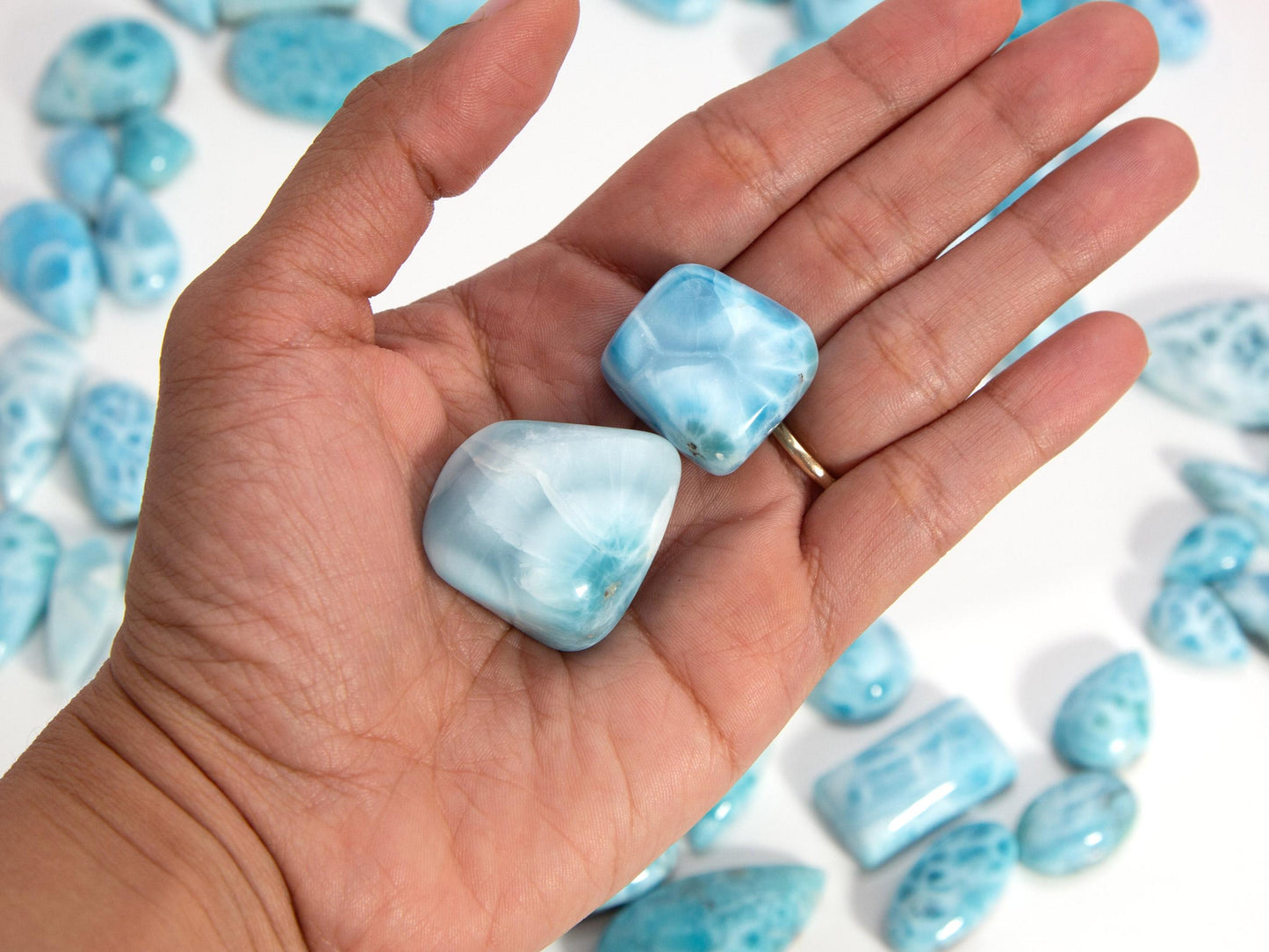 Two Ocean Blue Larimar Stone Tumbles: Turtleback Pattern Gemstone Set, Christmas gift