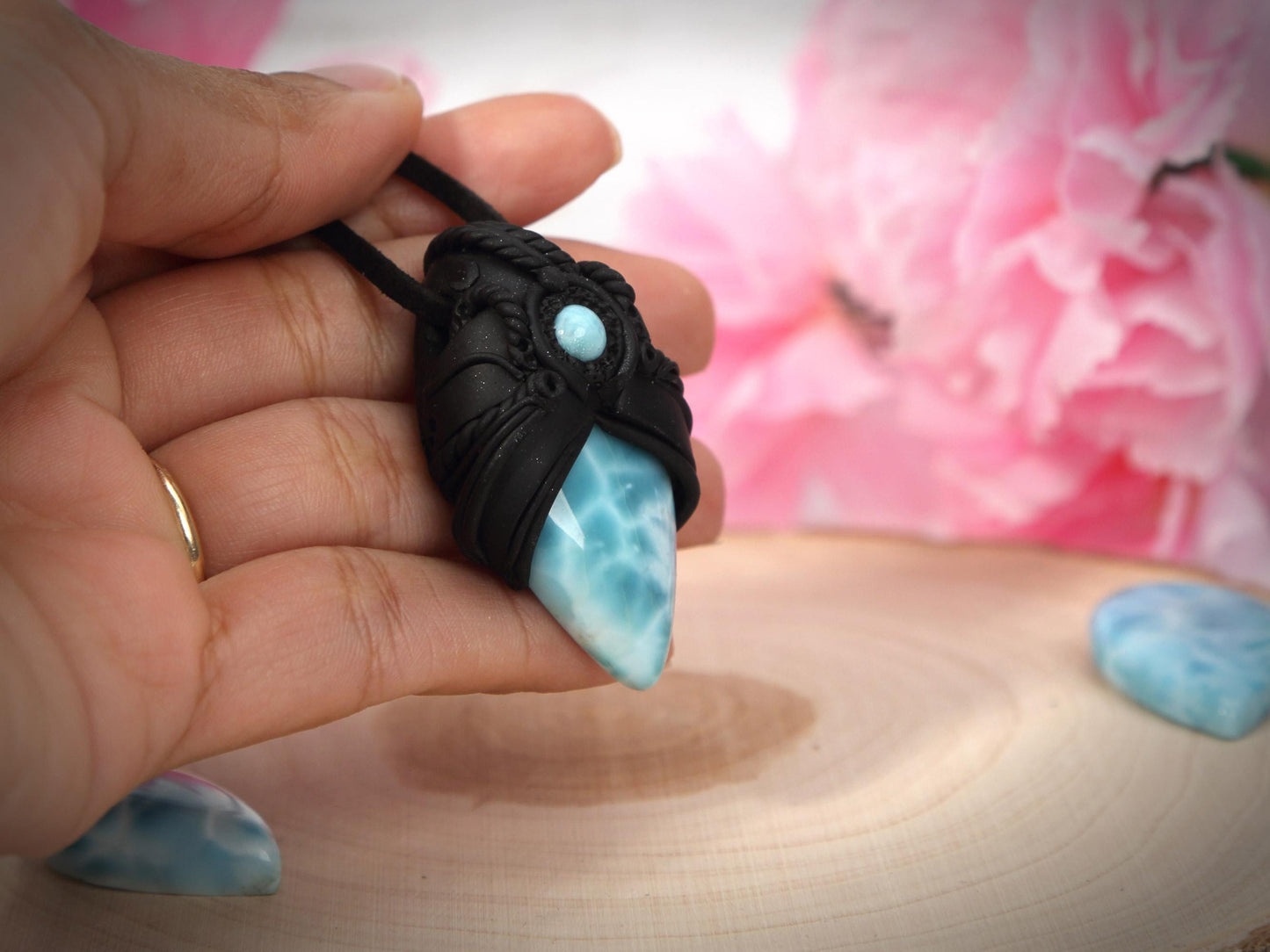 Double Larimar Stone Pendant, Polymer Clay, Crystal Talisman Pendant Necklace, Ocean Blue Larimar, Christmas gift